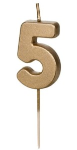 PartyDeco Świeczka cyfra 5 złota retro