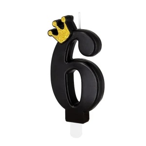 PartyPal Świeczka czarna ze złotą koroną cyfra 6