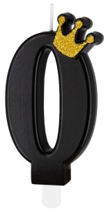 PartyPal Świeczka czarna ze złotą koroną cyfra 0