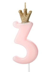 PartyDeco Świeczka cyfra 3 z koroną różowa