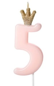 PartyDeco Świeczka cyfra 5 z koroną różowa