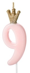 PartyDeco Świeczka cyfra 9 z koroną różowa